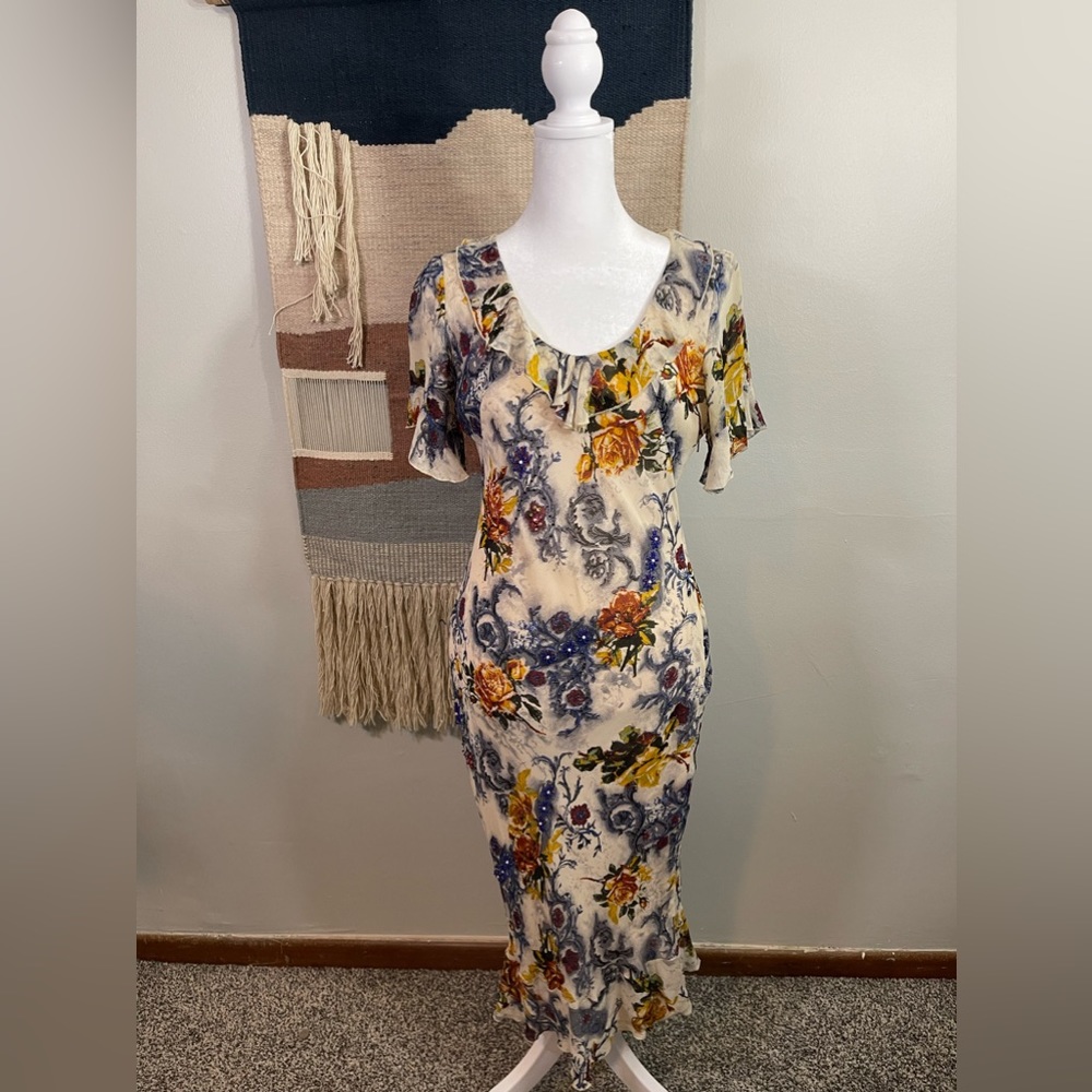 Lapis Anthro Y2K 100% Silk Floral Beaded Ruff Midi whimsical Fairy Dress M
